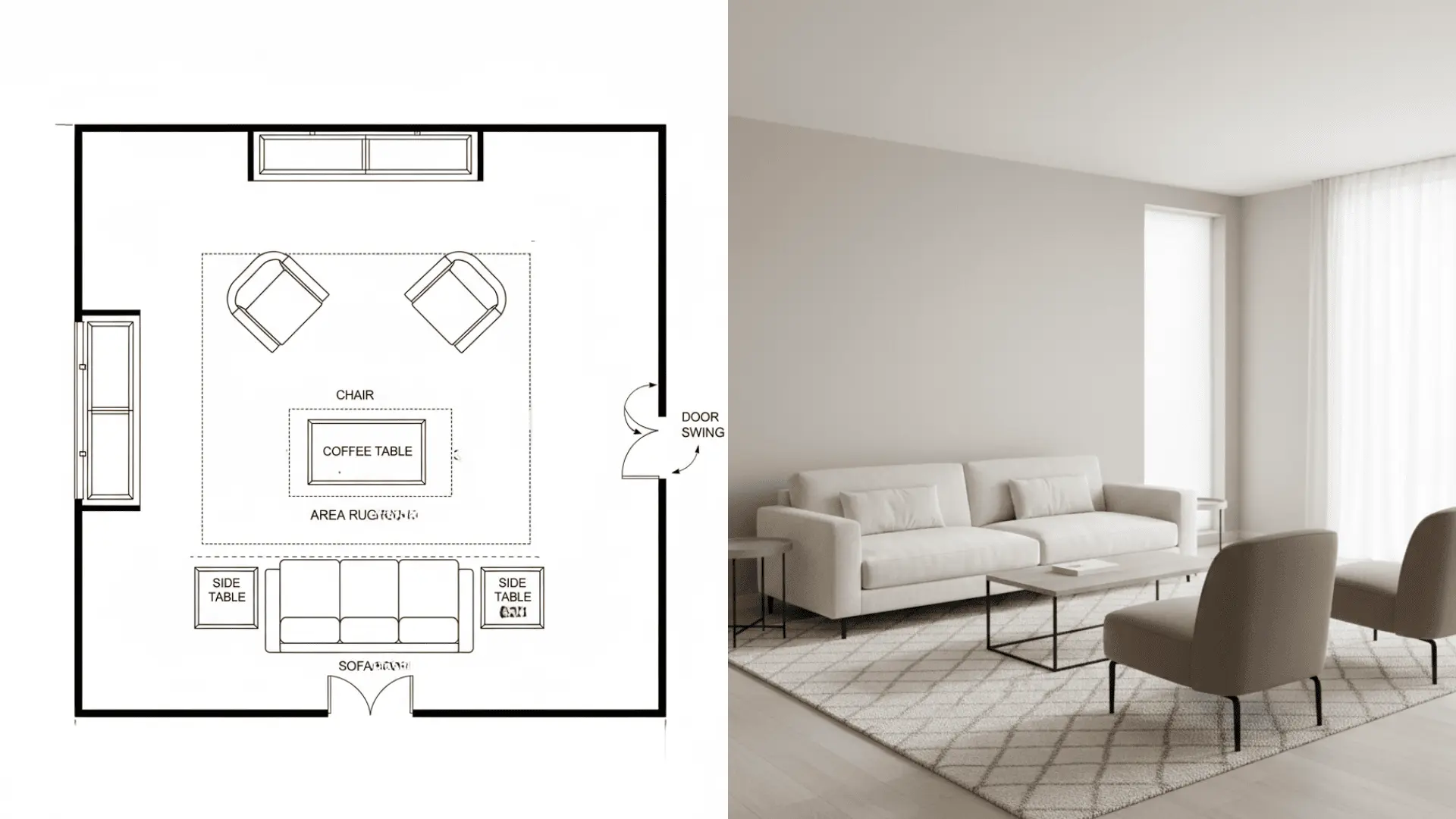 Sofa and two chairs angled into a triangle conversation layout.