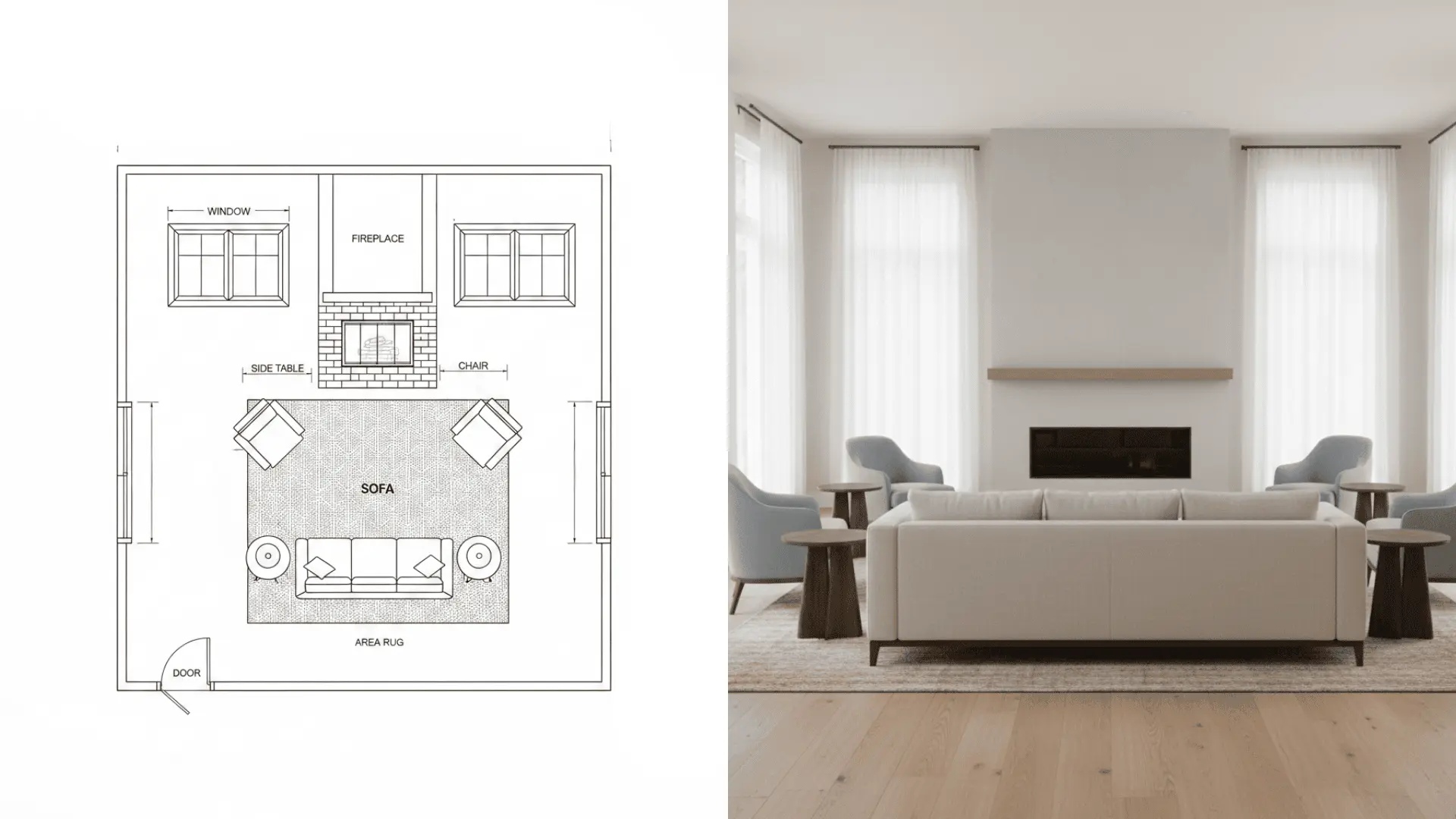 Balanced seating layout facing a central focal point in a square room.