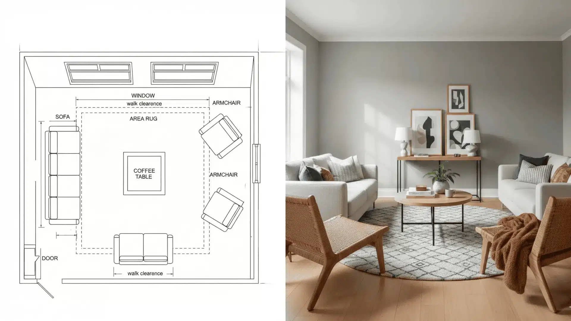 Small square living room with a centered seating group and coffee table