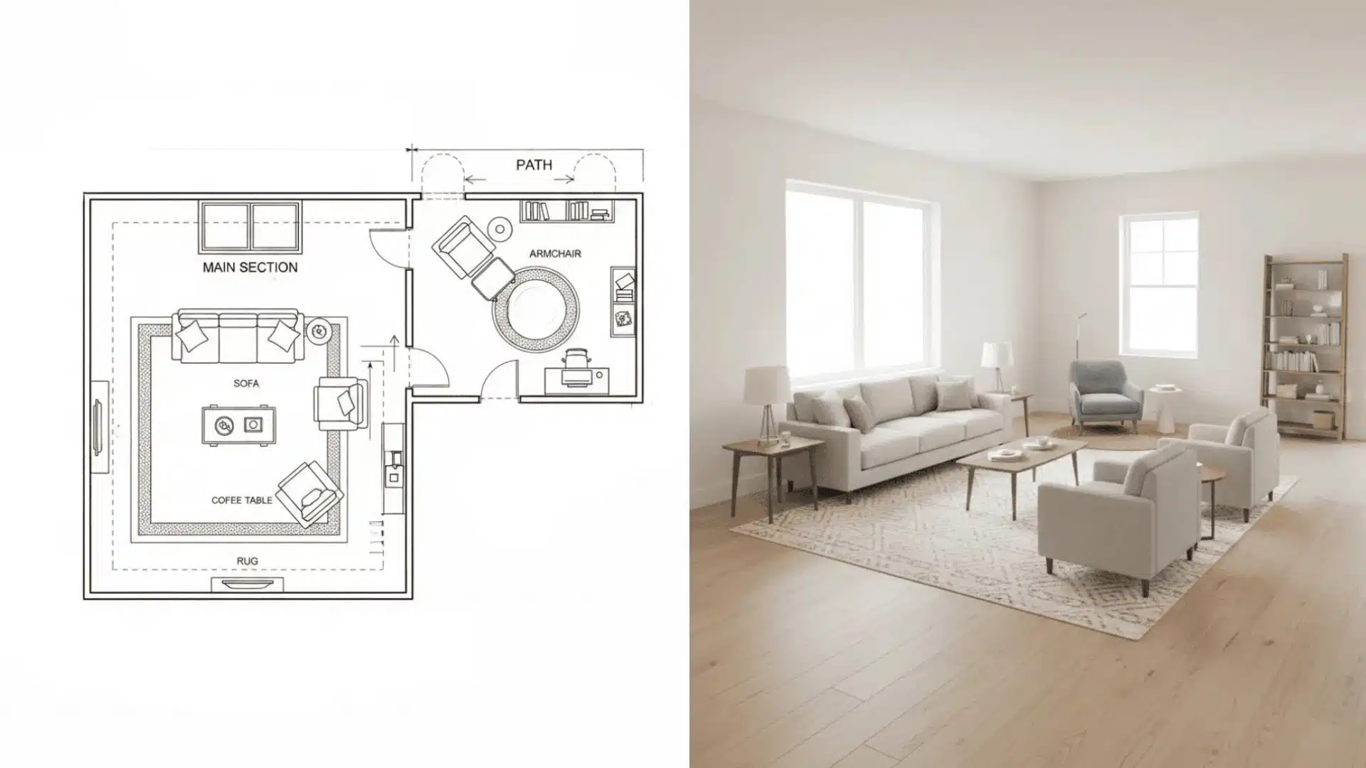 L-shaped room with seating zone and a small reading or desk area.