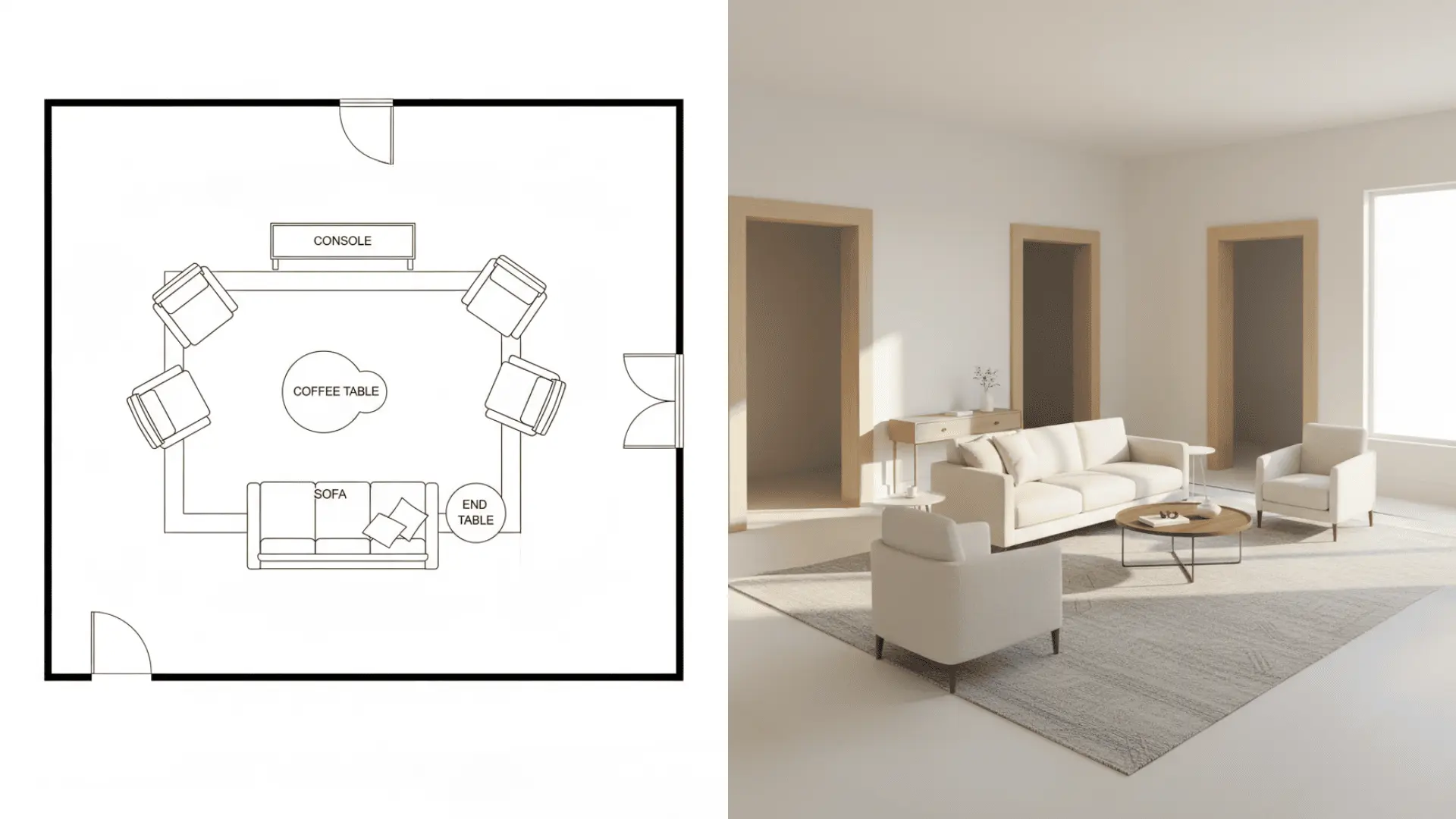 Centered seating group on a rug with clear paths to multiple doors.
