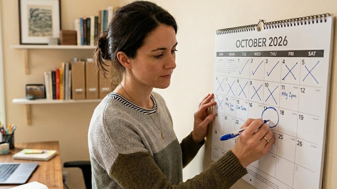 Employee marking off daily tasks on a self-care challenge calendar at their desk