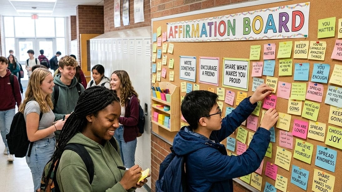 Students adding positive messages to an affirmation board in a school hallway